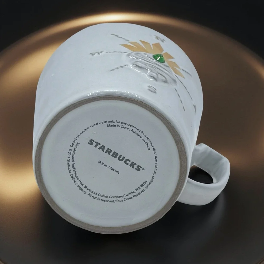 Starbucks Anniversary Mug 12oz Ceramic White Gold Siren Eye Compass 2014 Rare - Picture 7 of 7